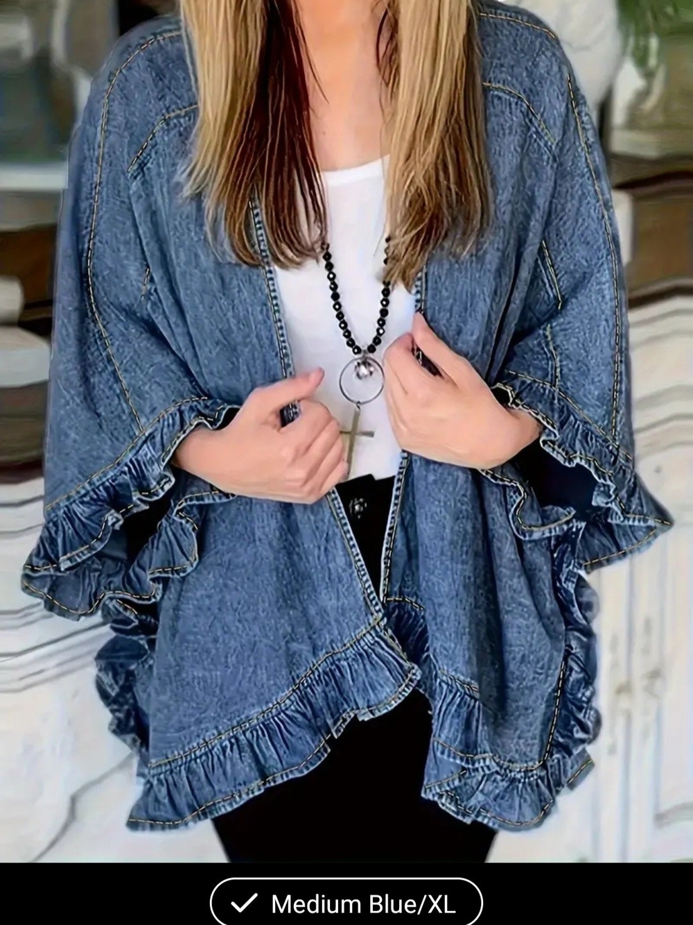 Denim Blue Ruffle Open-Front Women's Cape.NWT. Beautiful Size XL